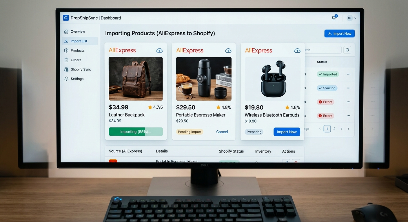 Tela de computador exibindo uma interface de software para importação de produtos do AliExpress para uma loja online