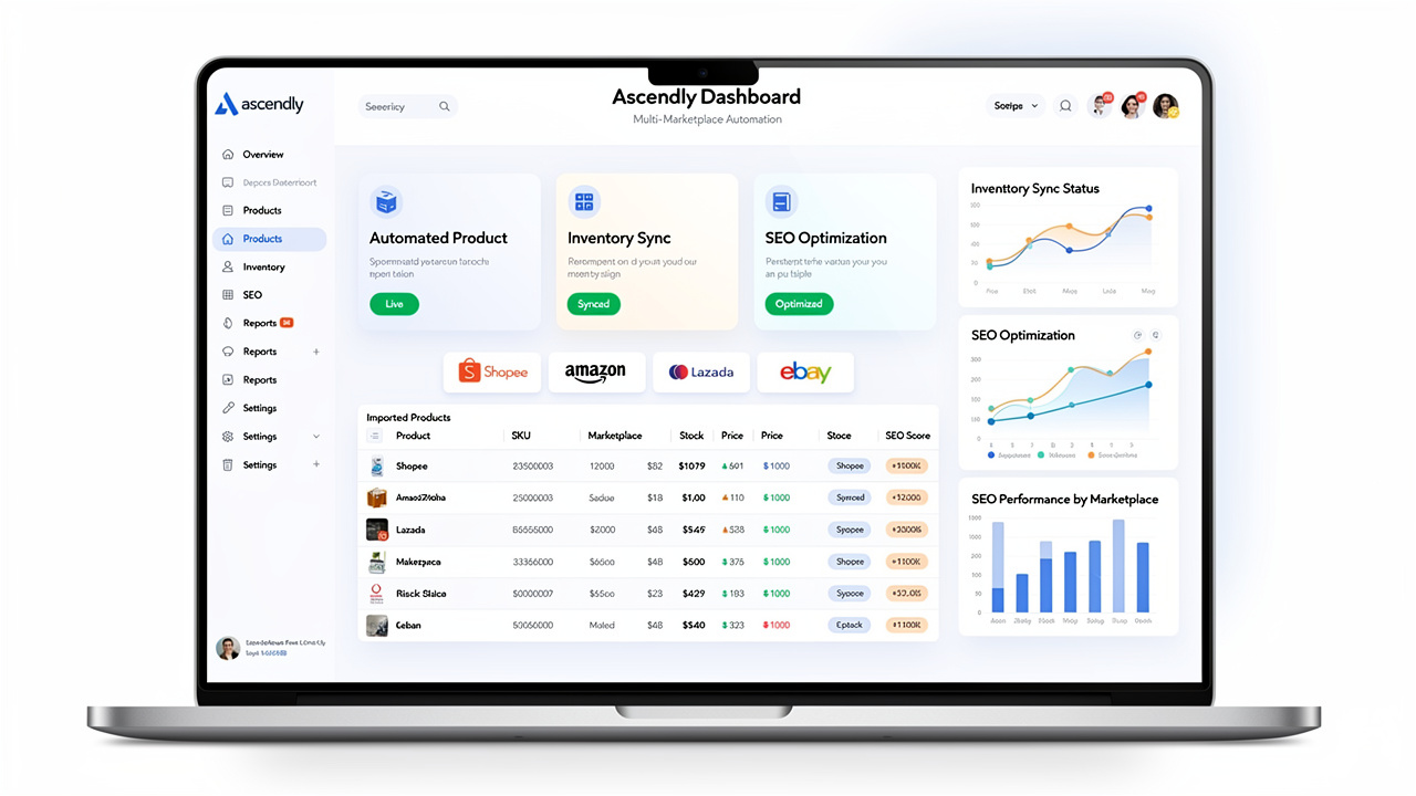 Dashboard do Ascendly com importação automática, sincronização de estoque e otimização SEO de produtos