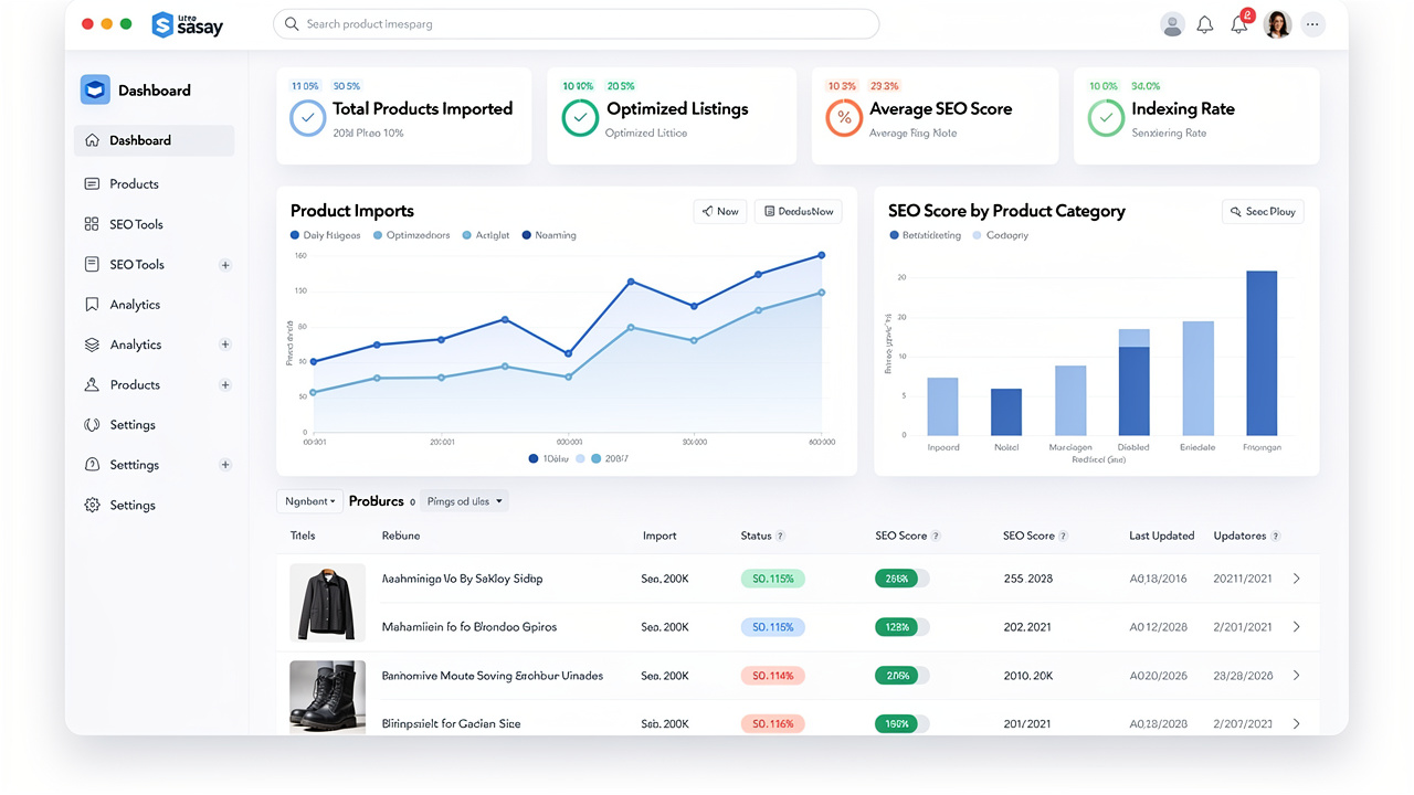 Dashboard de plataforma e-commerce com métricas de importação e otimização de SEO