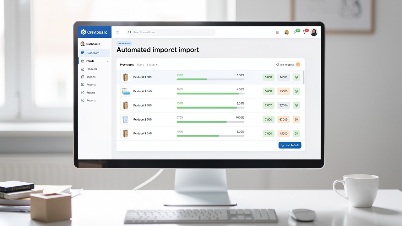Painel de controle de um software de gestão de e-commerce exibindo status de importação automática de produtos.