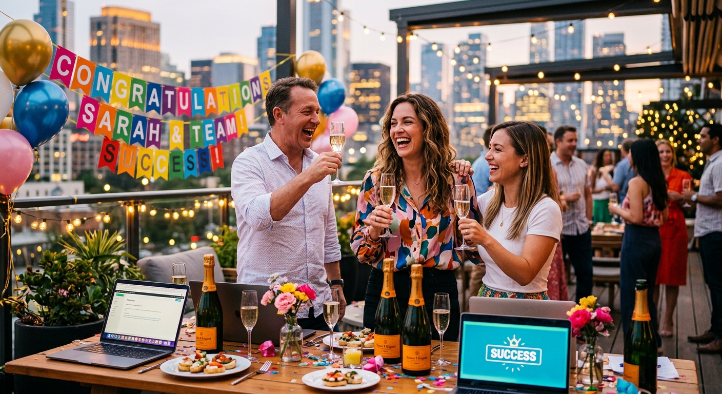Freelancer feliz comemorando sucesso com clientes em um ambiente vibrante e otimista.
