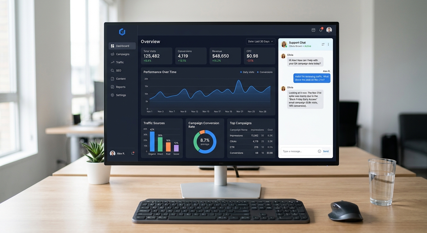 Interface de uma ferramenta de marketing digital com um painel de dados e uma janela de chat lateral