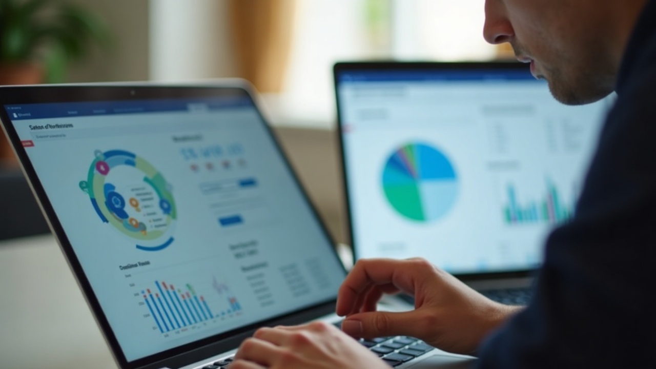 Gestor de e-commerce analisando gráficos de desempenho de SEO em um notebook com fundo de escritório