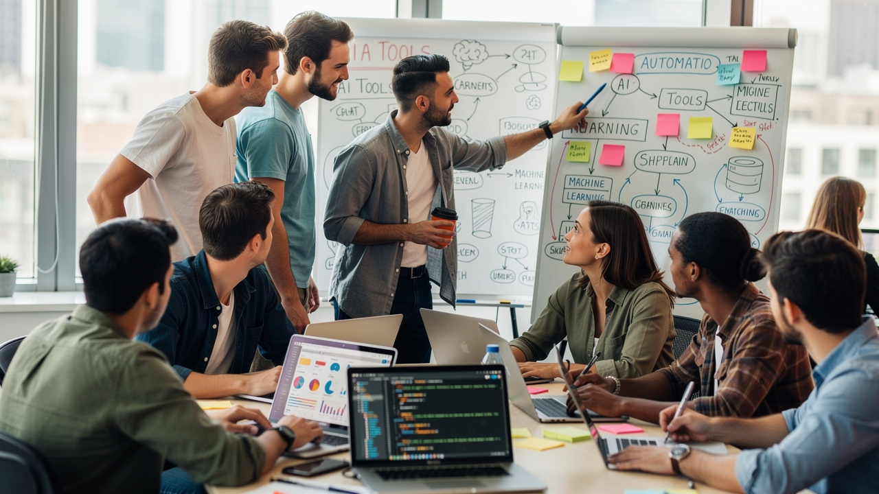 Grupo de empreendedores jovens discutindo ferramentas de inteligência artificial em coworking