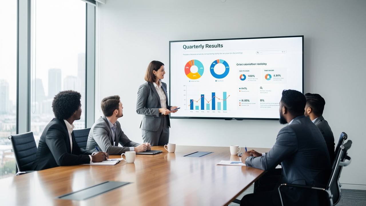 Consultor apresentando resultados em tela para equipe pequena em escritório moderno