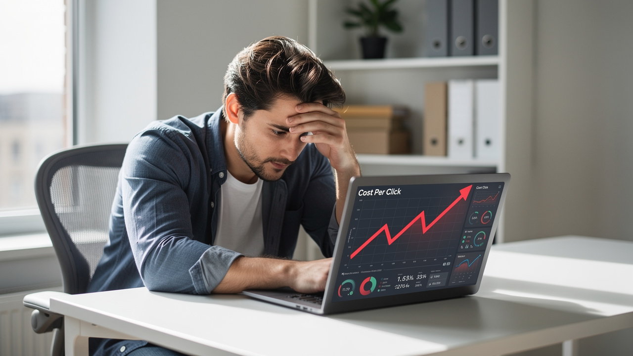 Gestor de e-commerce analisando gráfico de custo por clique em alta no laptop