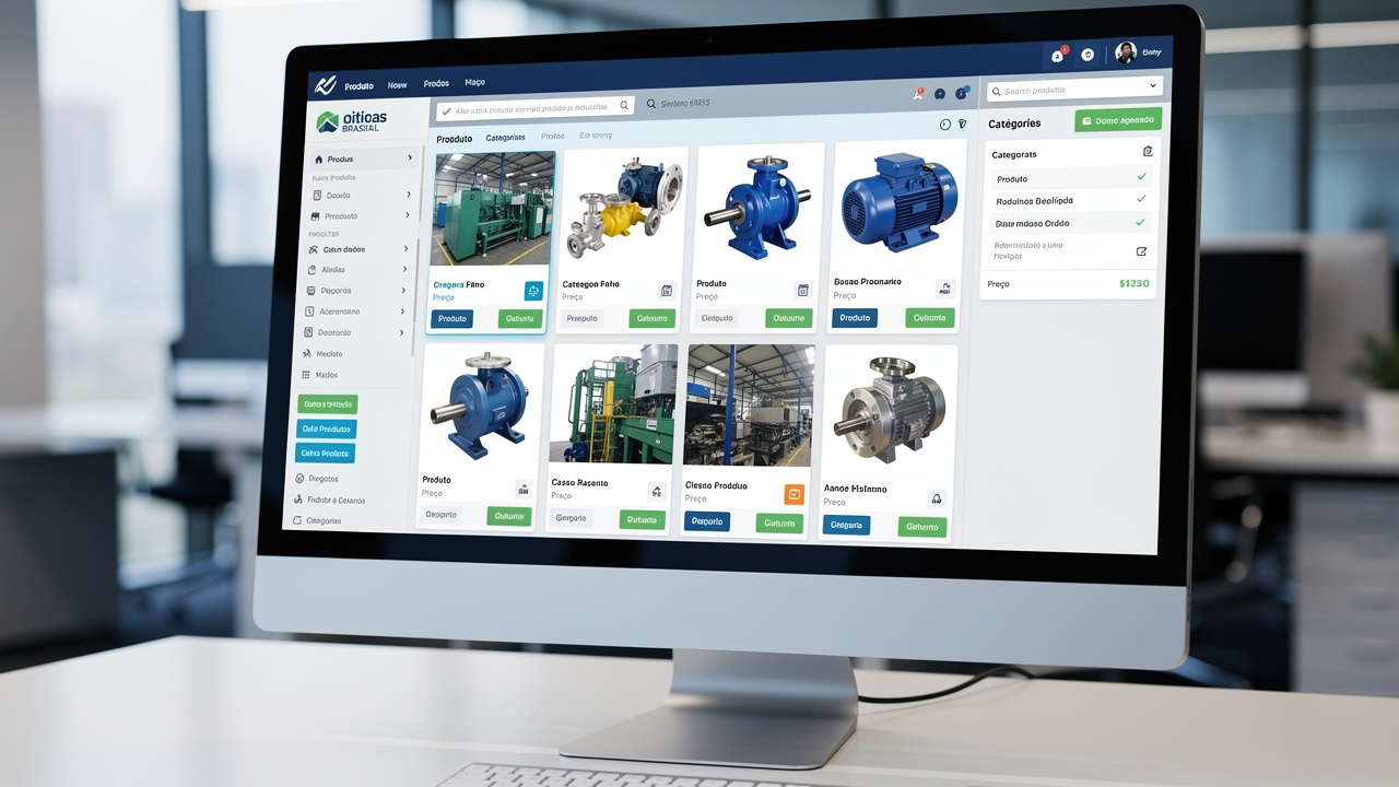 Catálogo de produtos industriais sendo organizado automaticamente em interface de e-commerce no computador