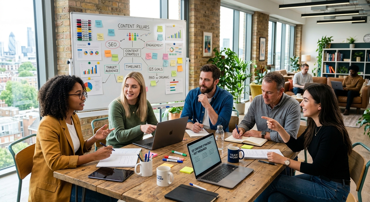 Equipe discutindo estratégias de conteúdo em um escritório moderno, ambiente inspirador