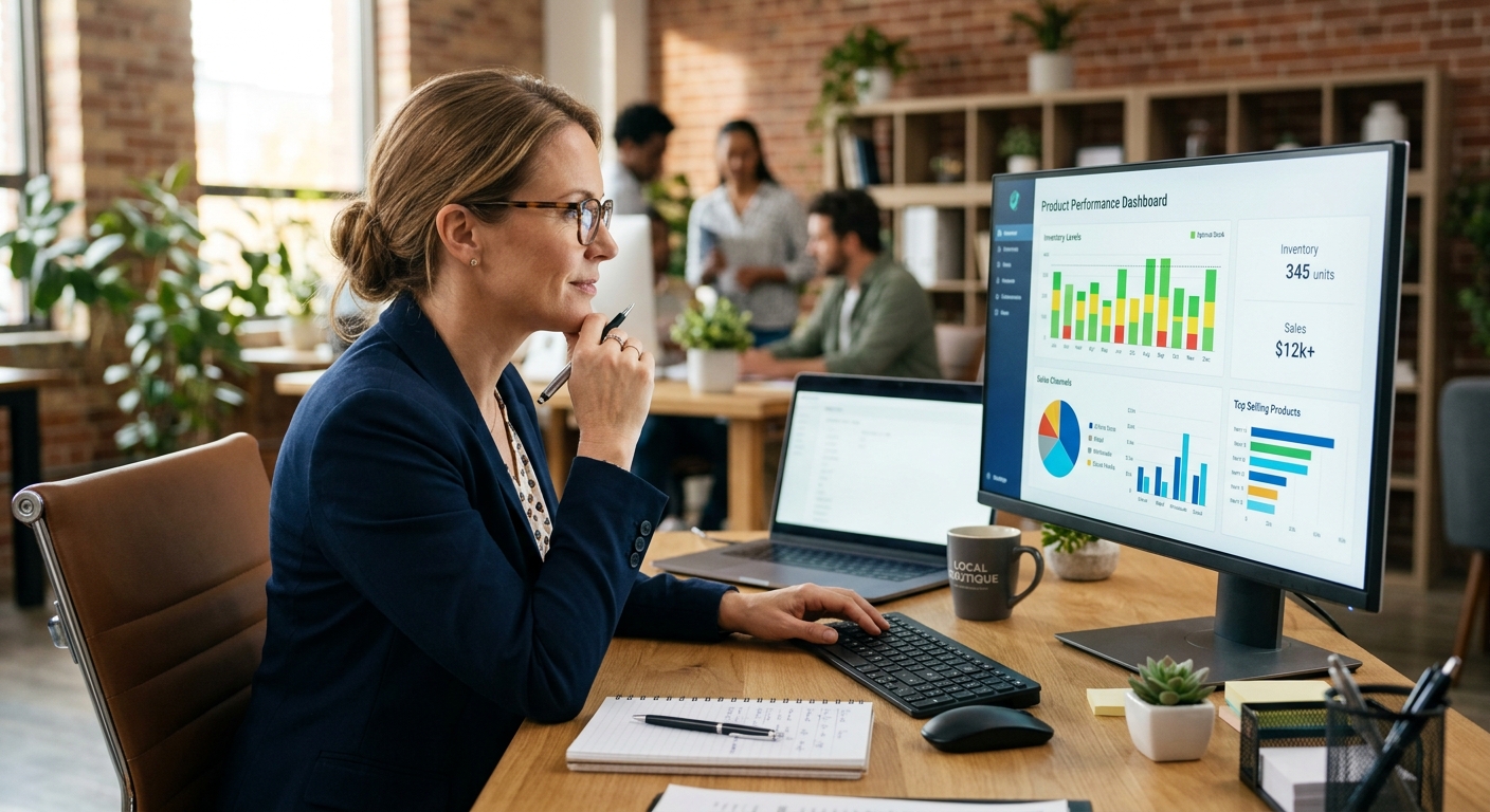 Importador analisando dashboard com dados de estoque e vendas de múltiplos canais