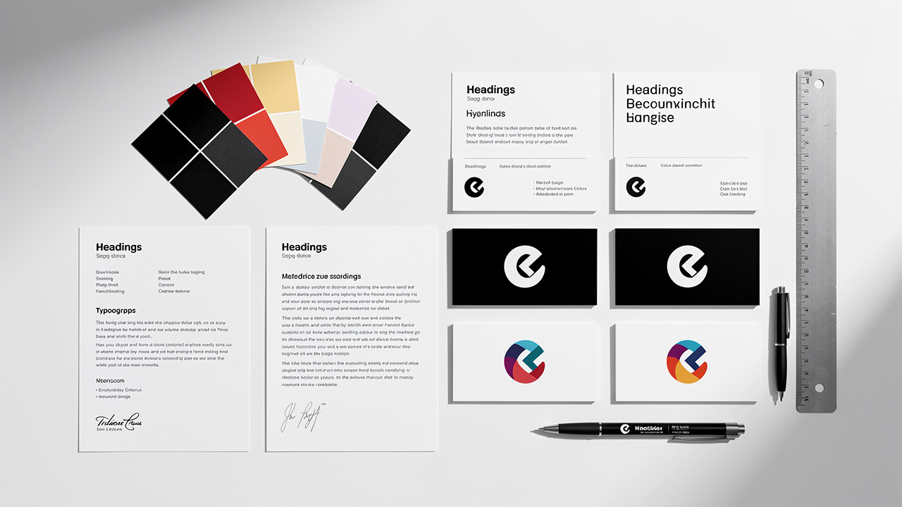 Materiais de identidade visual com paleta de cores, tipografia e cartões de logo sobre mesa branca