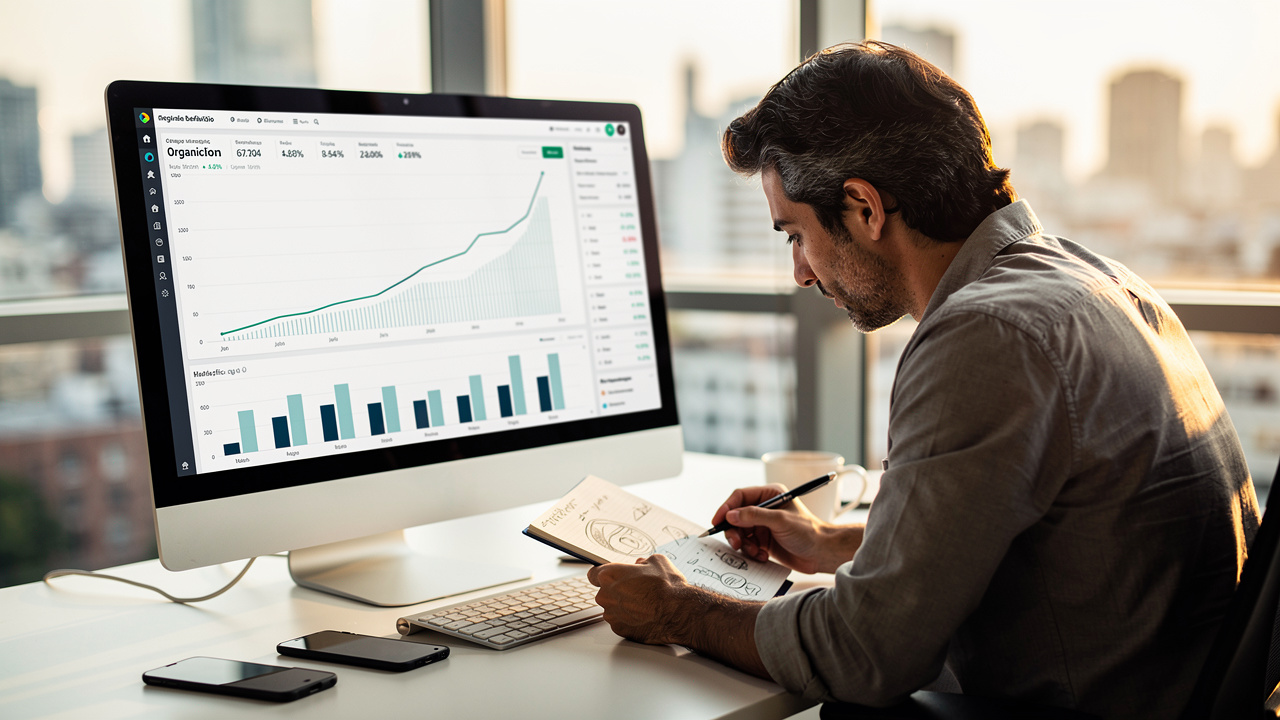 Gerente de e-commerce analisando crescimento de tráfego orgânico em dashboard de analytics