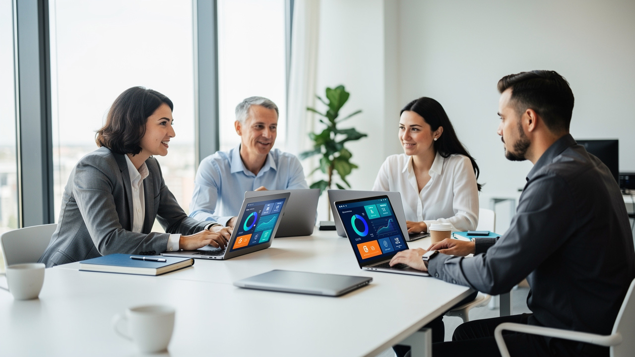 Equipe de negócios usando painel com inteligência artificial em escritório moderno