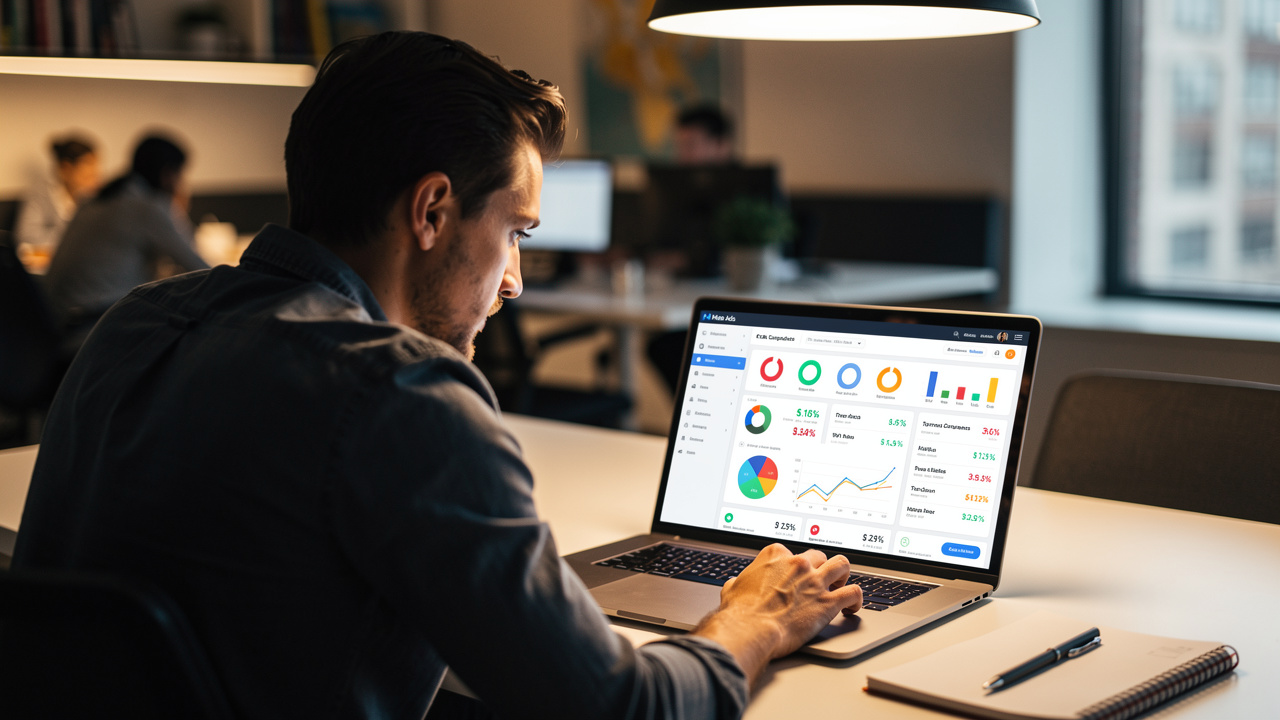 Gestor de marketing analisando painel de anúncios da Meta em laptop no escritório