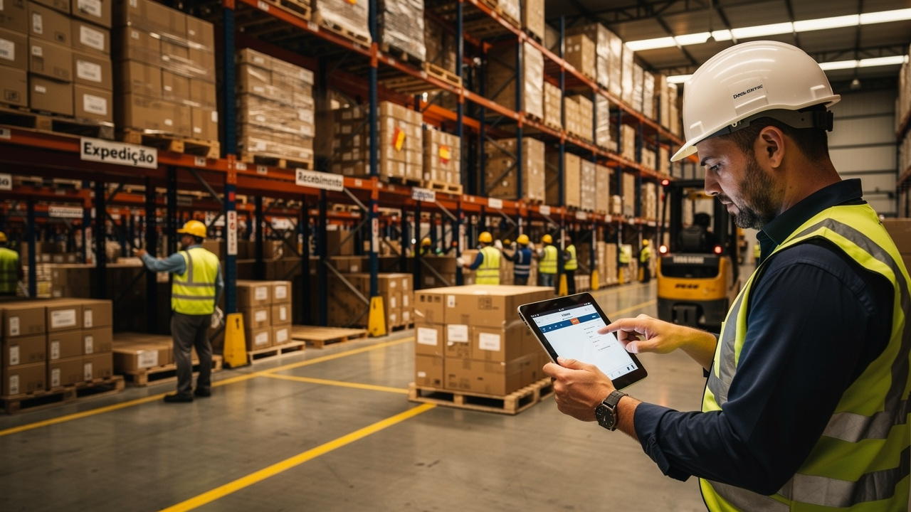 Equipe logística coordenando embarques em armazém industrial brasileiro com caixas empilhadas e tablets