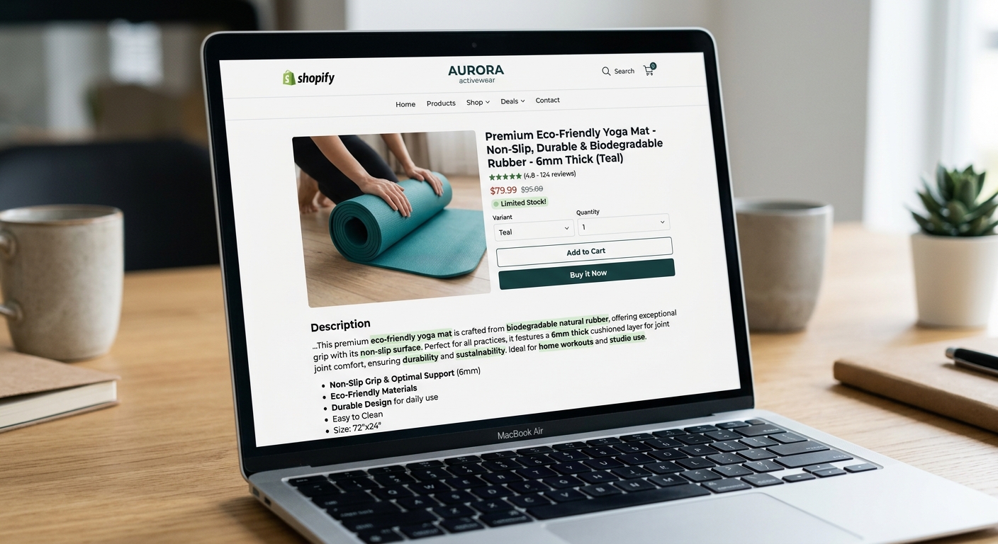 Página de produto do Shopify em um laptop, com título e descrição otimizados com palavras-chave em destaque.