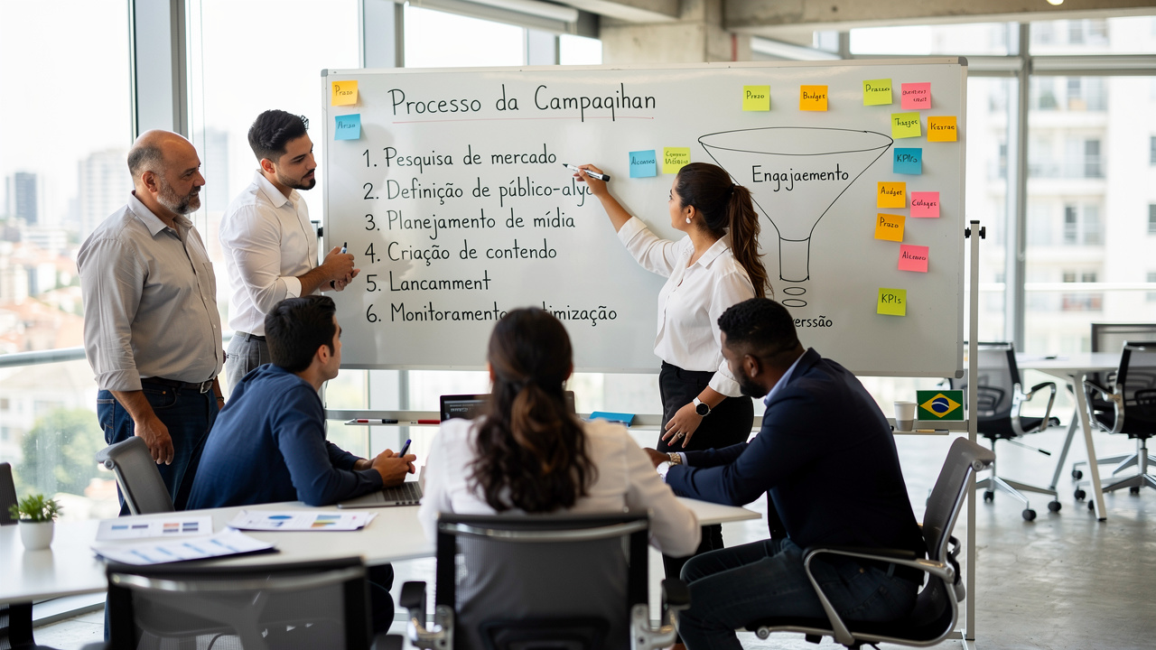 Equipe de marketing revisando documento de processos de campanha em quadro branco
