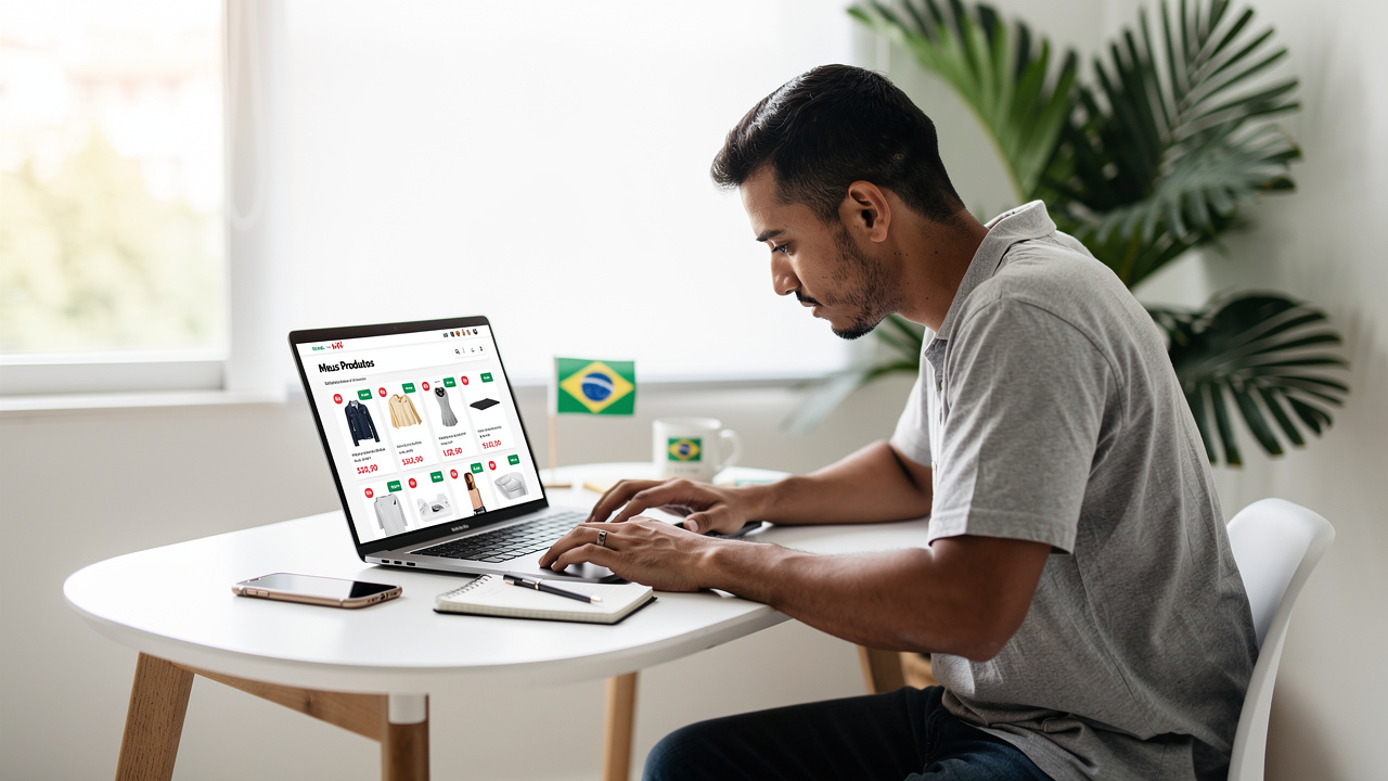 Empreendedor brasileiro analisando listagens de produtos no notebook em escritório minimalista