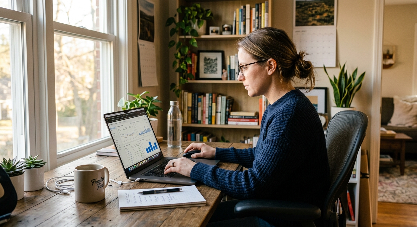 Freelancer concentrado em laptop com telas de campanhas de tráfego pago em home office