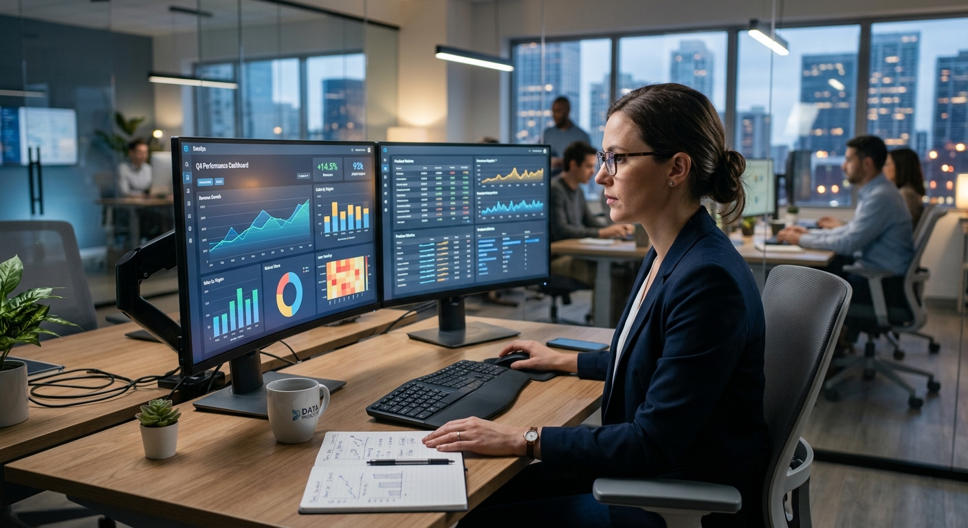 Profissional analisando gráficos de dados e métricas em dashboard