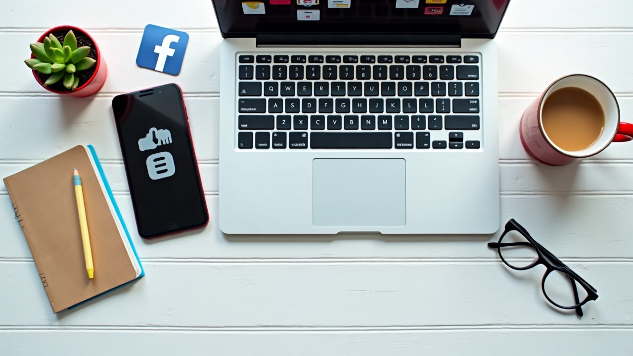 Mesa de trabalho com laptop exibindo ícones de redes sociais, smartphone e caderno