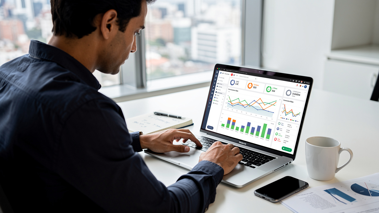 Gestor de e-commerce analisando métricas de CAC em painel financeiro no computador