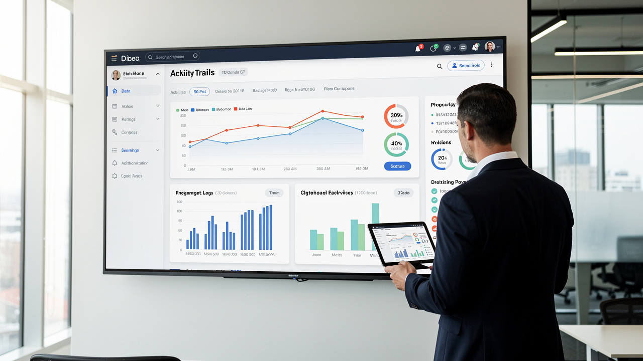 Gestor analisando painel digital com trilha de auditoria de dados em escritório moderno