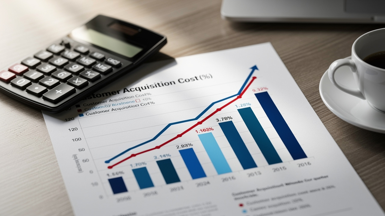 Relatório financeiro com aumento percentual de custo de aquisição de cliente sobre mesa com calculadora