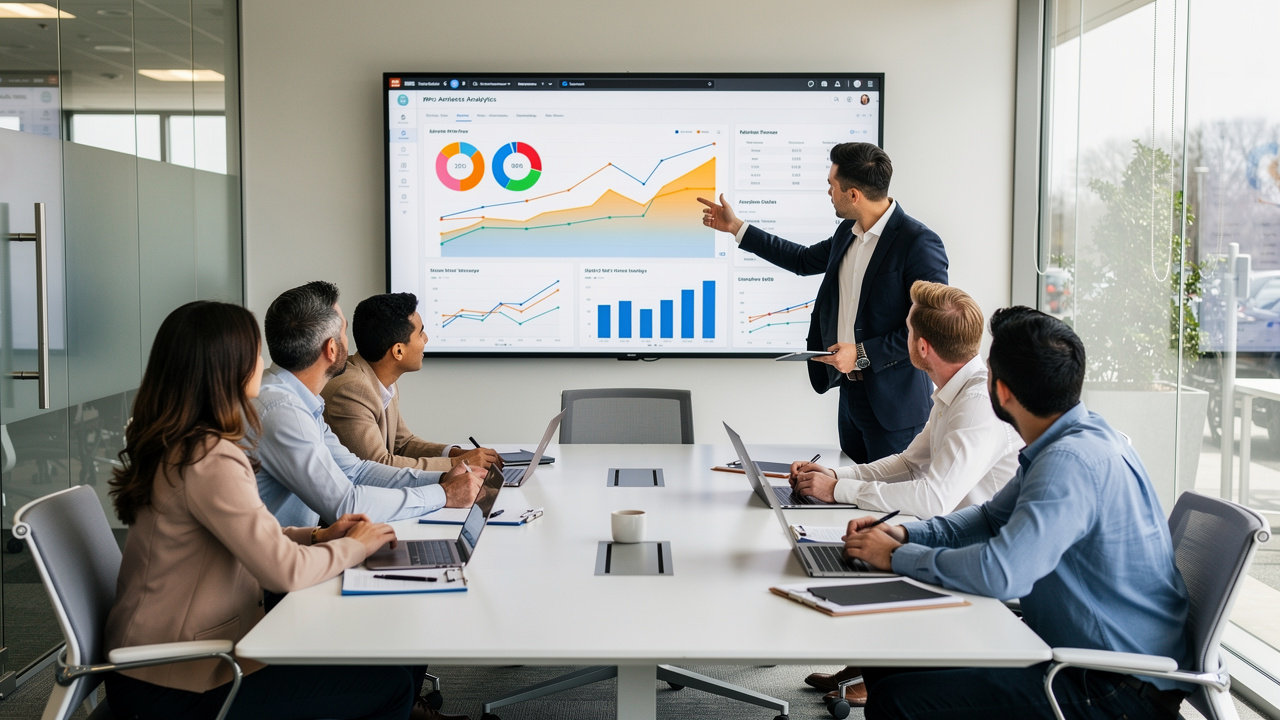 Equipe reunida em sala moderna com dashboard de KPIs projetado na tela
