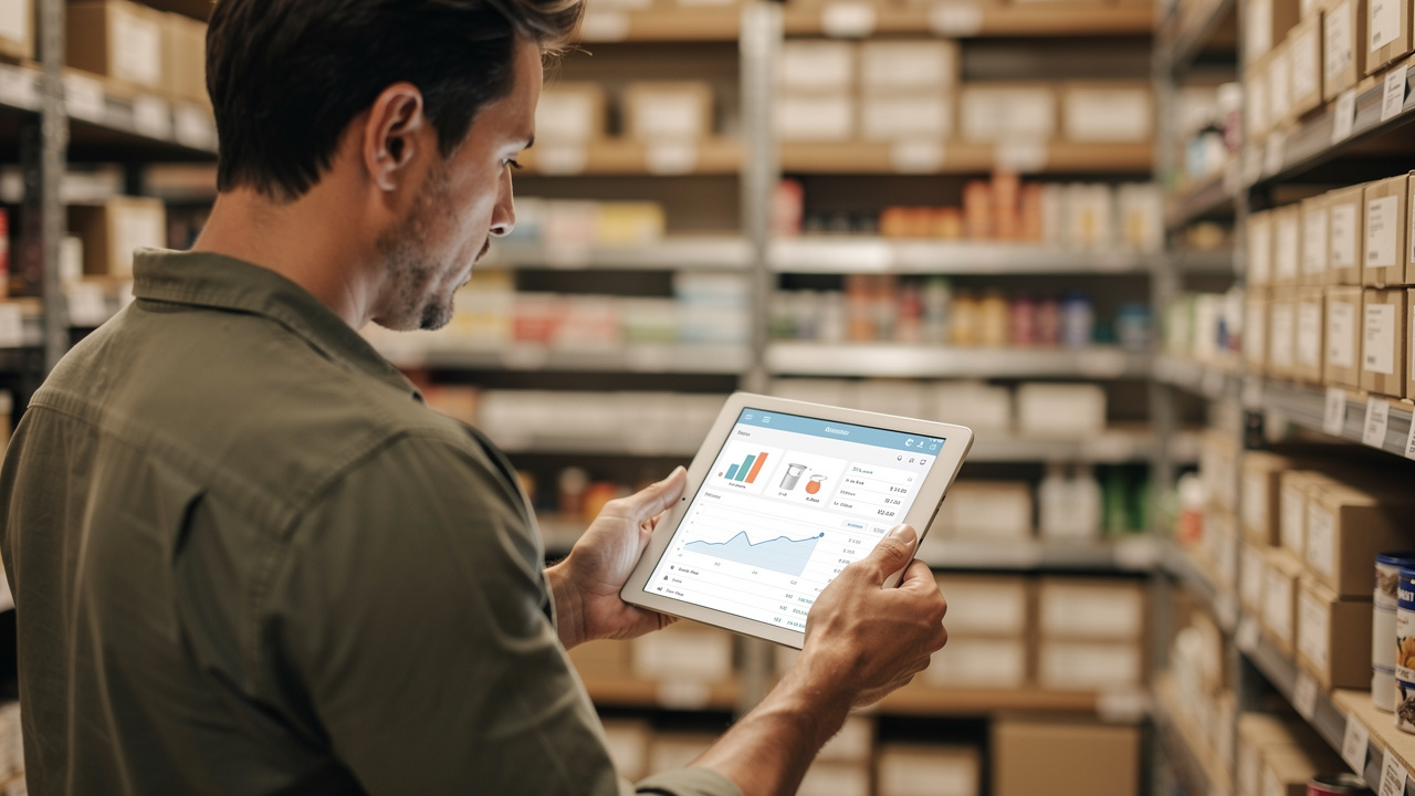 Empreendedor conferindo o nível de estoque em um tablet dentro de um depósito de produtos bem organizado.