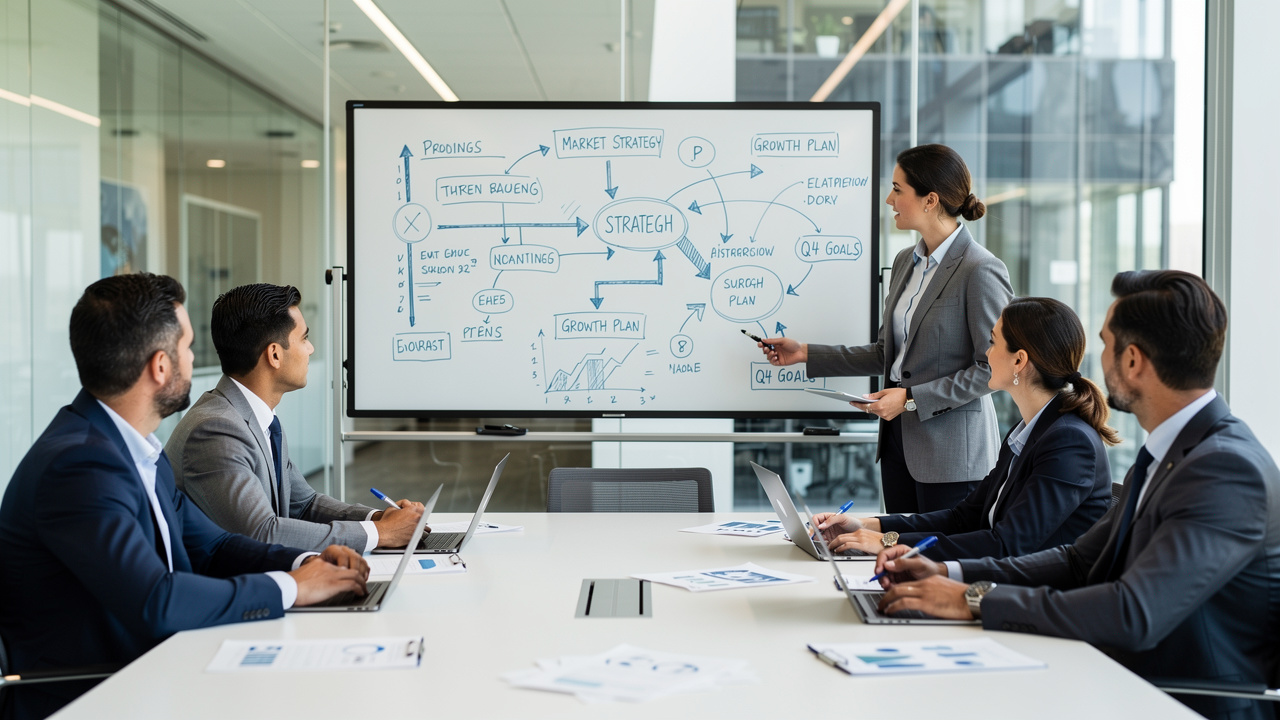 Equipe de gestão revisando mapa estratégico em quadro branco durante reunião corporativa