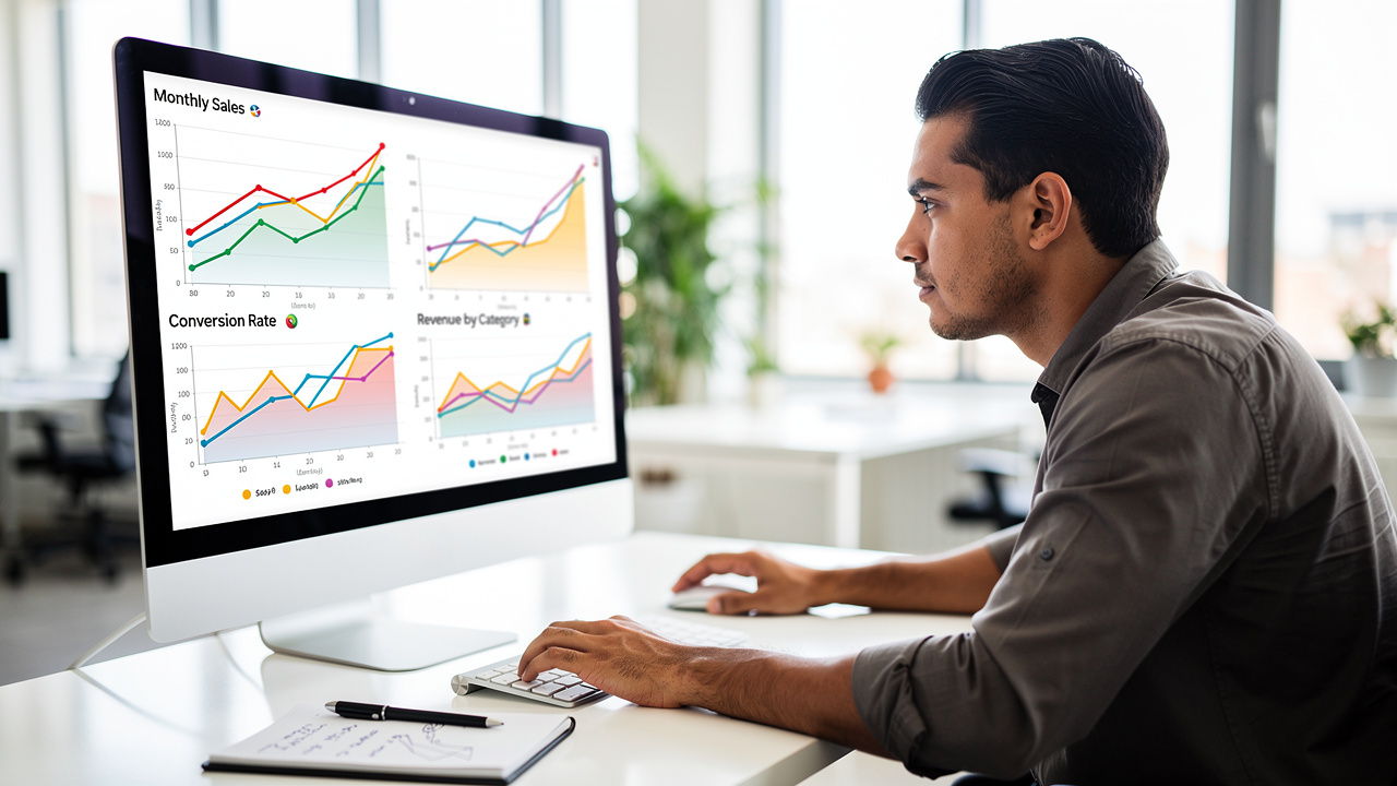 Gestor de e-commerce analisando gráficos de vendas no computador em escritório iluminado