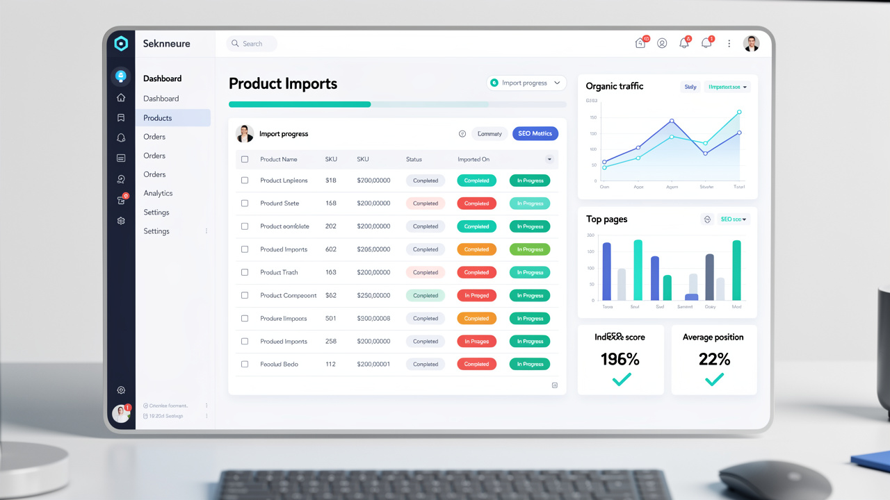 Painel de plataforma de e-commerce exibindo importações de produtos e métricas de SEO