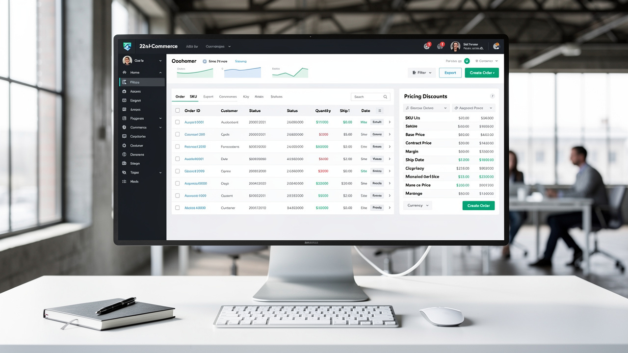 Dashboard de e-commerce B2B industrial mostrando gestão de pedidos e tabelas de preços em escritório moderno
