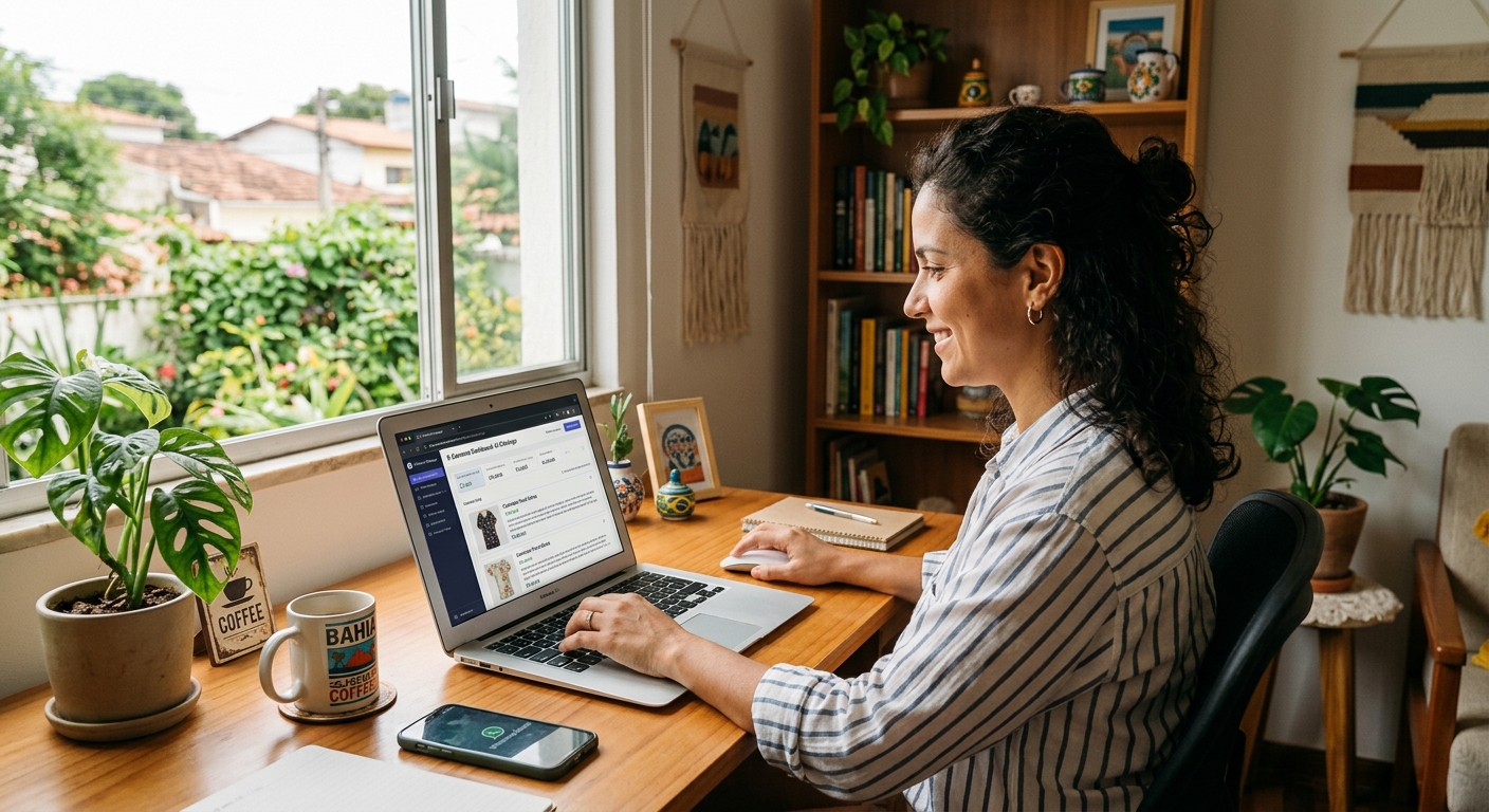 Lojista brasileiro usando inteligência artificial para gerenciar catálogo de produtos em home office