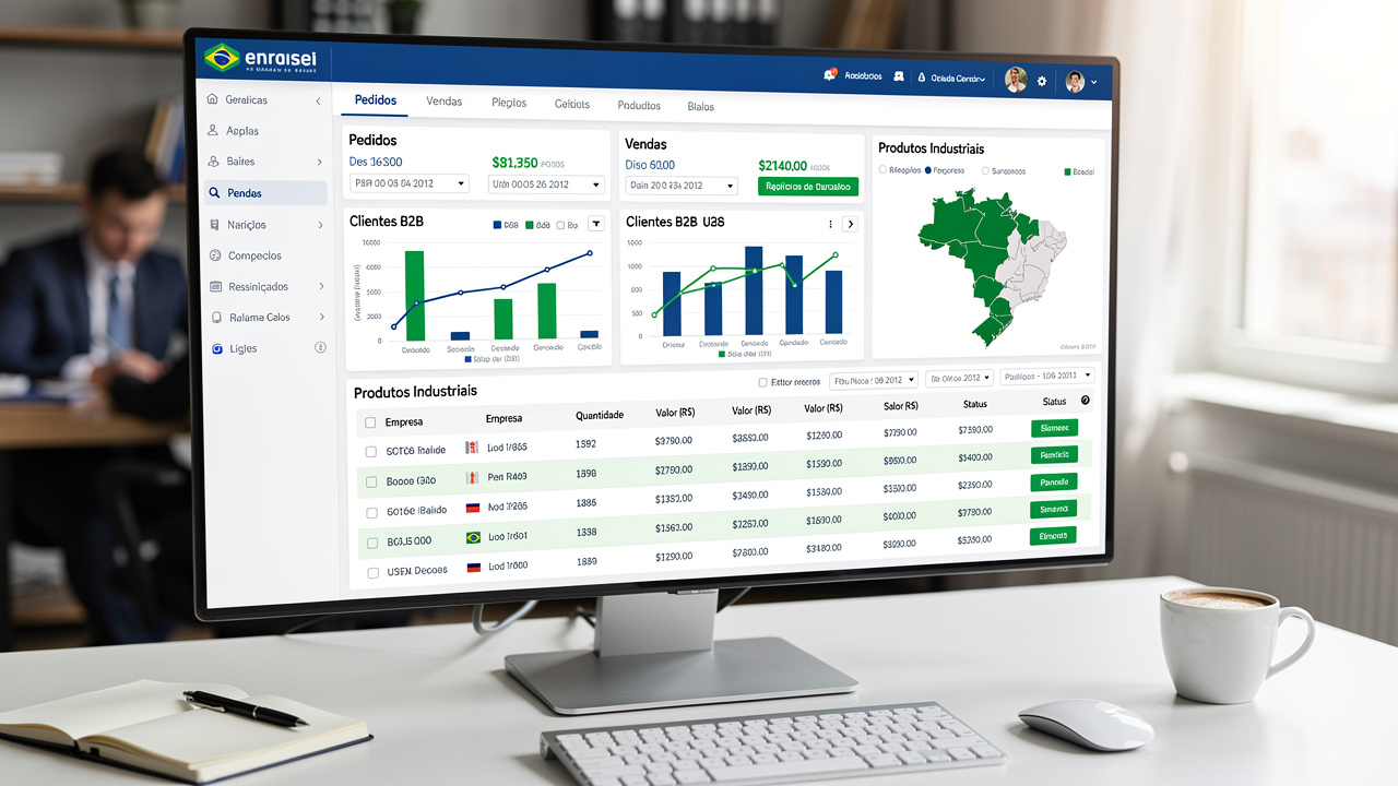 Tela de computador exibindo painel de pedidos de e-commerce B2B industrial com dados de vendas