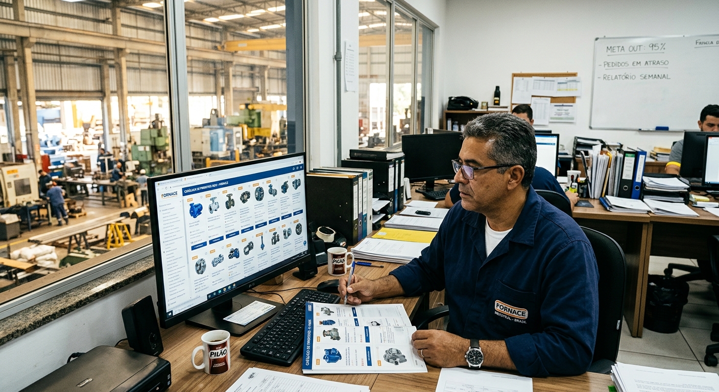 Gestor industrial analisando catálogo de produtos em tela de computador dentro de escritório de fábrica