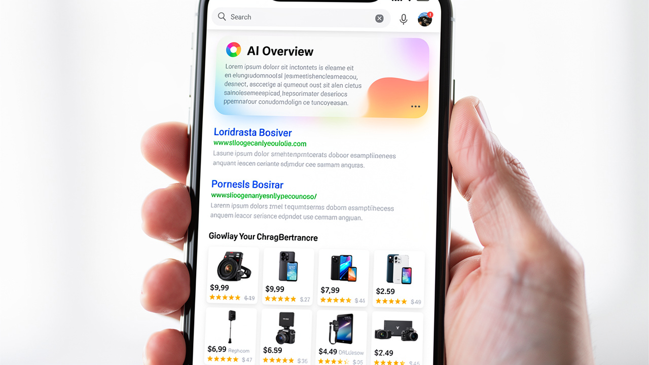 Tela de smartphone exibindo resultados do Google com resumo gerado por inteligência artificial no topo