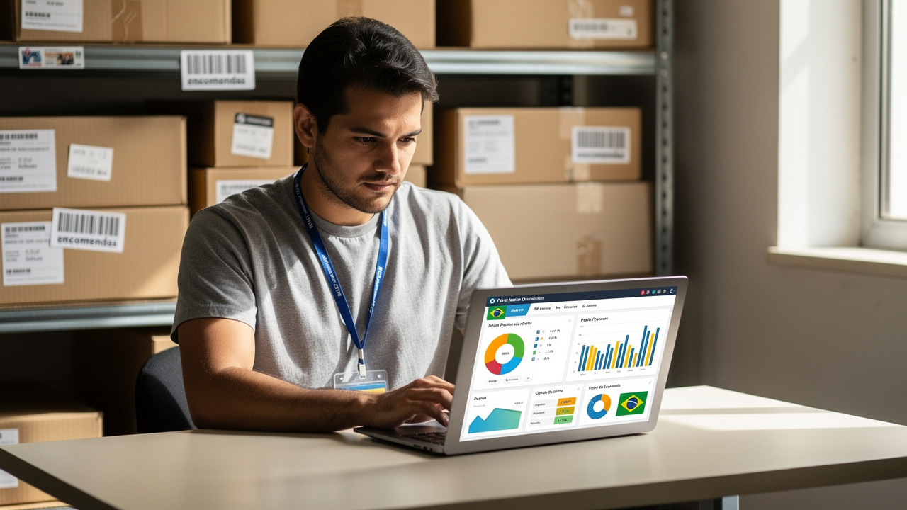 Gestor de e-commerce analisando painel digital em laptop dentro de armazém organizado
