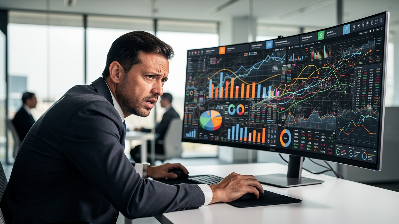 Gestor olhando painel digital com excesso de gráficos e métricas sem clareza