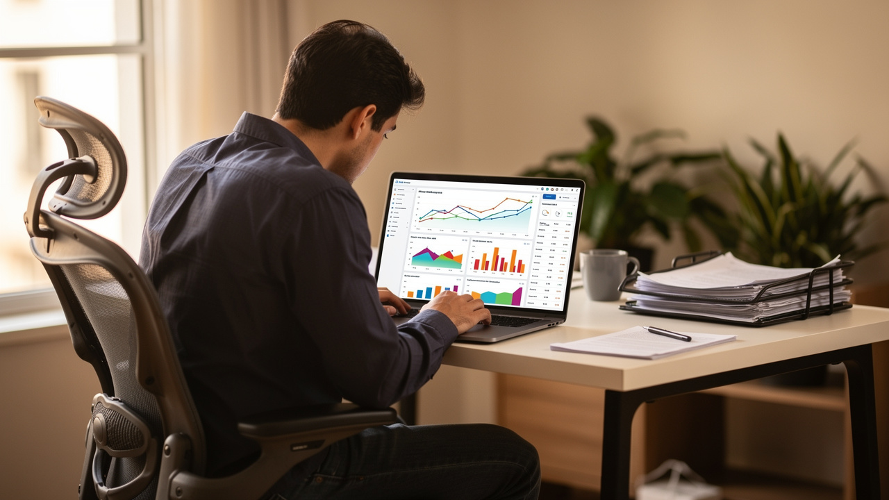 Empreendedor analisando painel de vendas e estoque em laptop em escritório moderno