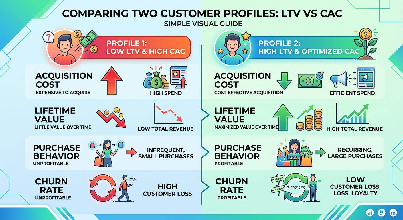 Infográfico comparando o perfil de um cliente com baixo LTV e outro com alto LTV e CAC otimizado.