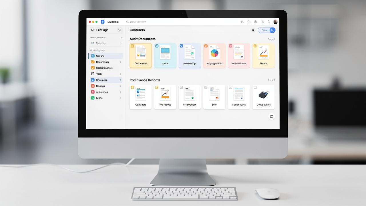 Sistema digital organizado com documentos de auditoria, contratos e registros de compliance