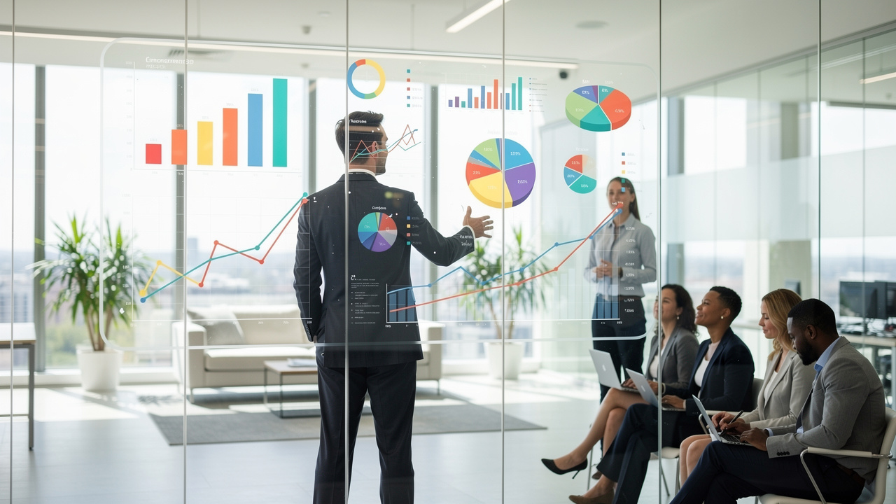 Líder empresarial apresentando gráficos financeiros para equipe em escritório moderno e aberto