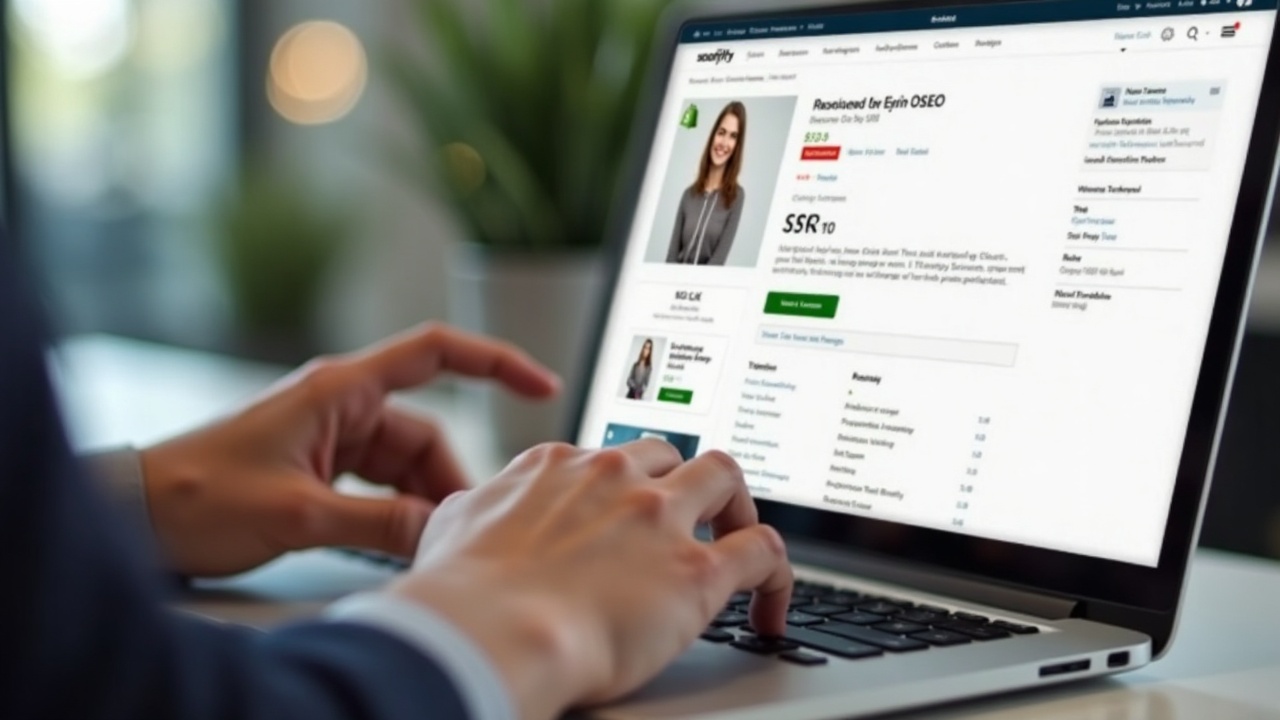 Pessoa digitando em teclado com página de produto da Shopify aberta mostrando campos de SEO