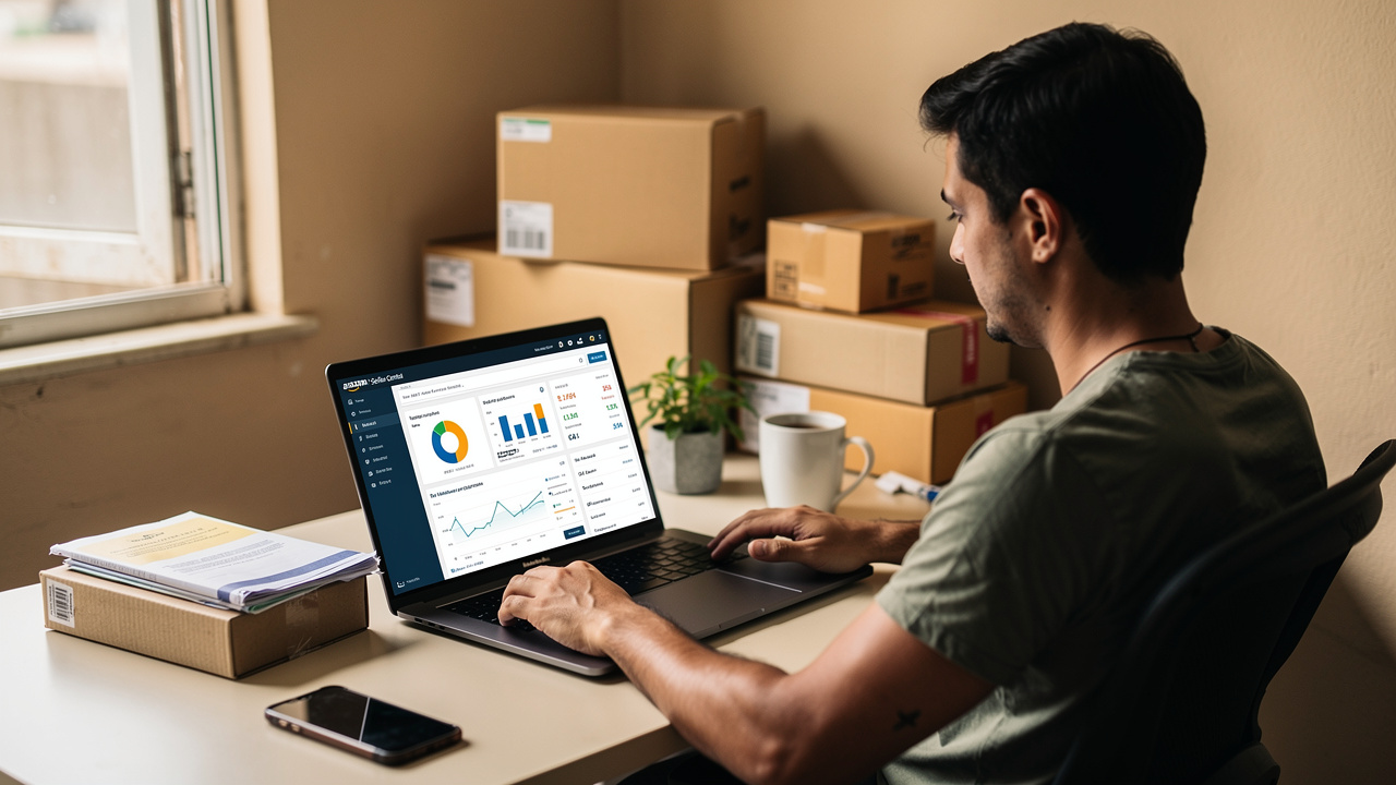 Vendedor brasileiro analisando painel do Amazon Seller Central em notebook em escritório doméstico