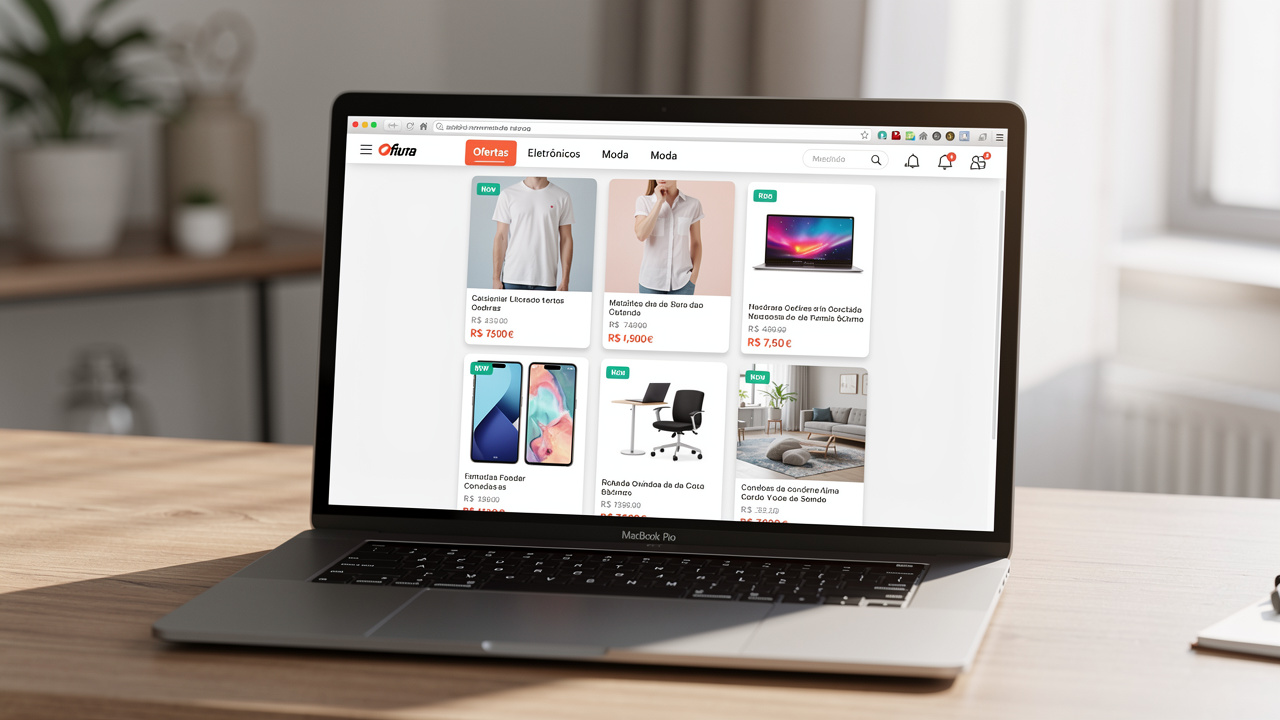 Catálogo de produtos organizado em laptop com fotos e descrições padronizadas