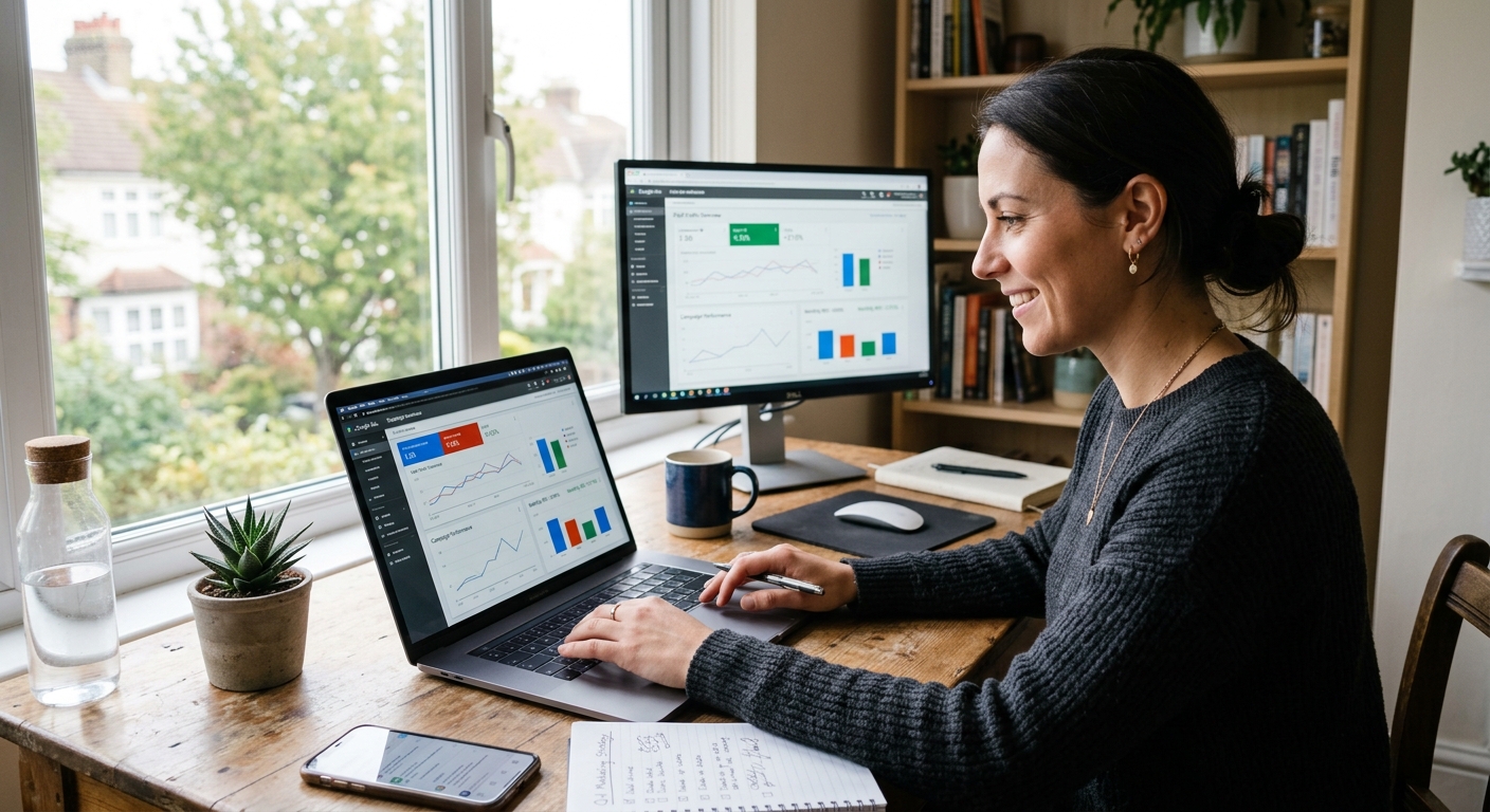 Freelancer de marketing digital analisando campanhas de tráfego pago em home office