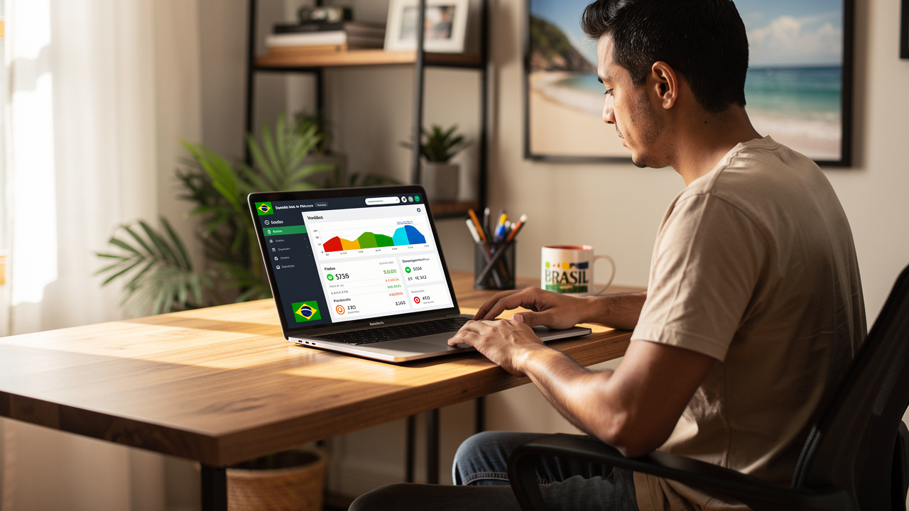 Vendedor brasileiro analisando painel de desempenho do marketplace no notebook em home office