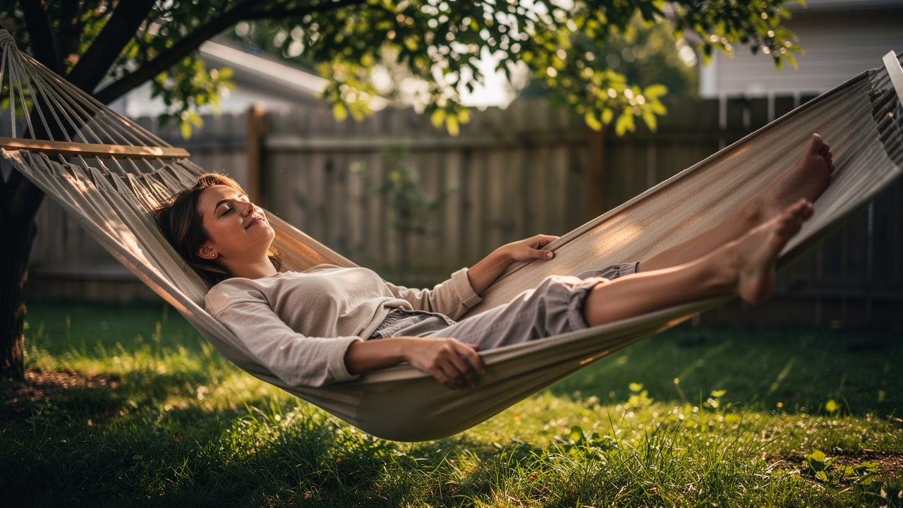 Pessoa deitada em rede no quintal com expressão relaxada e luz natural suave