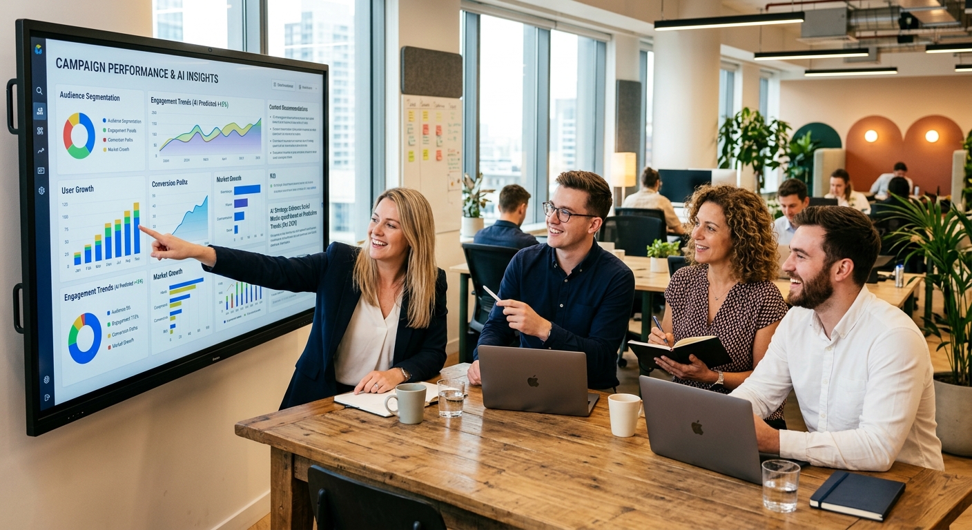 Equipe de consultores de marketing analisando dados de campanhas em uma tela
